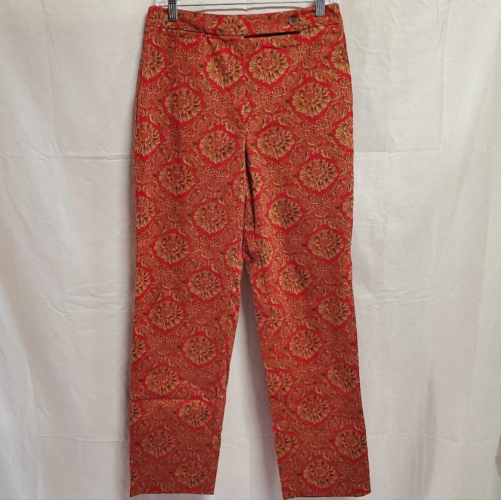 Talbots vtg cotton red tan floral paisley straight leg dress pants 8